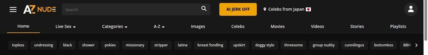Menüleiste von aznude.com mit Home, Live Sex, Categories, A-Z, Images, Celebs, Movies, Videos, Stories und Playlists